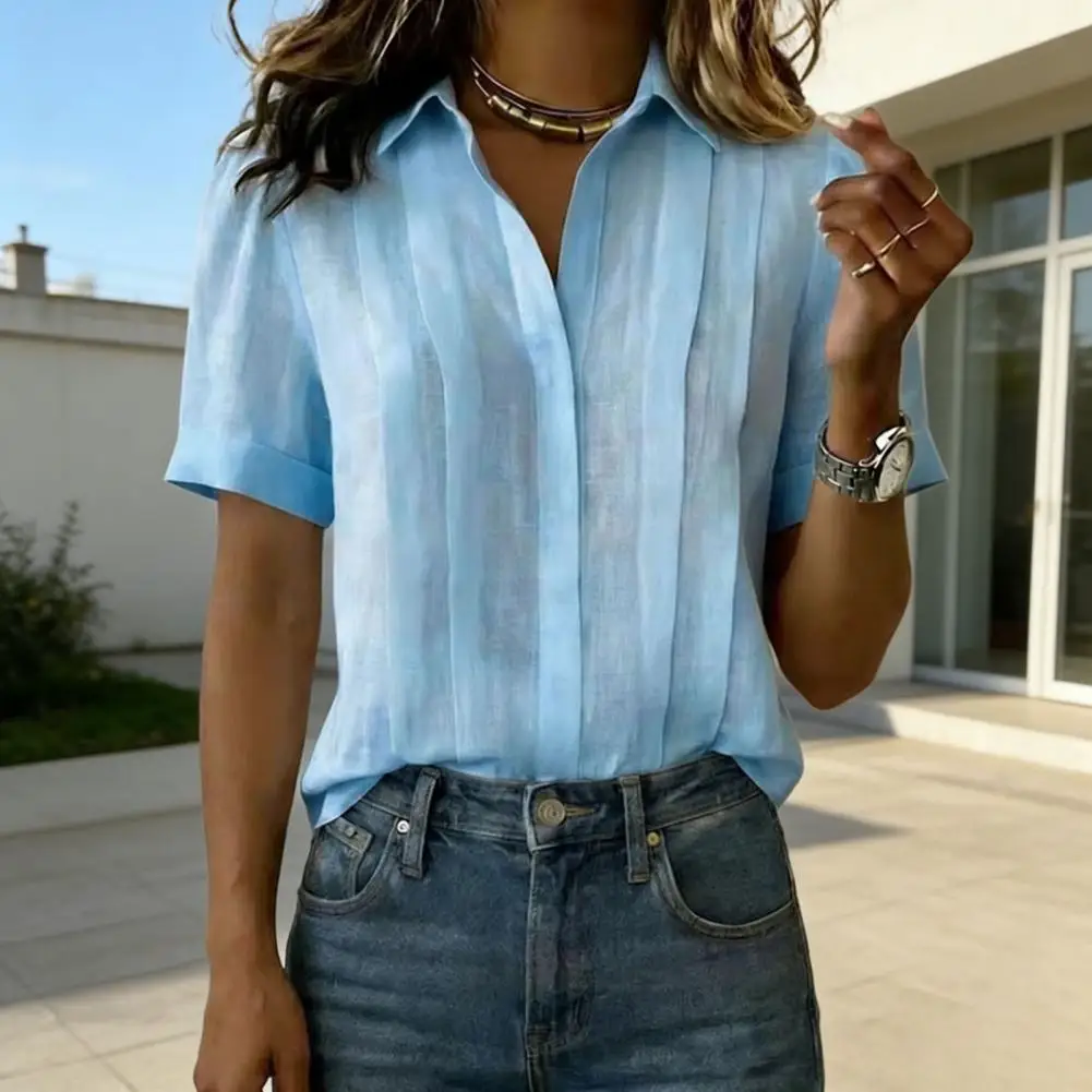 

Loose Fit Summer Tops Women’s Lapel Shirt Tops Short Sleeve Button Placket Blouses Loose Fit Pure Color Shirts for Home Dates