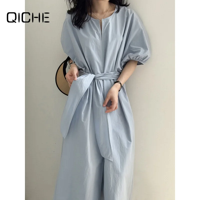 QICHE Women Puff Sleeve Long Dress 2026 Summer Lazy Vibe Casual Dress Tie Waist Slim Fit Maxi Dress