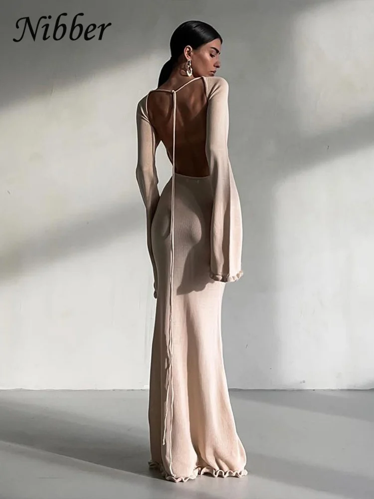 Nibber Elegant Ruffles Dress Women O-Neck Extra-Long Lace-Up Backless Flared Sleeve Trend Casual Simple Stretch Long Bodycon