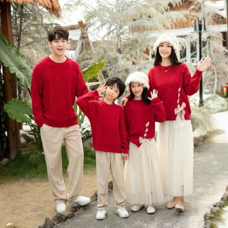 Family Red Knit Sweater Parent-child Matching Outfit Mom Daughter Bow Pullover Winter New Year Dad Son Christmas Couple Clothes