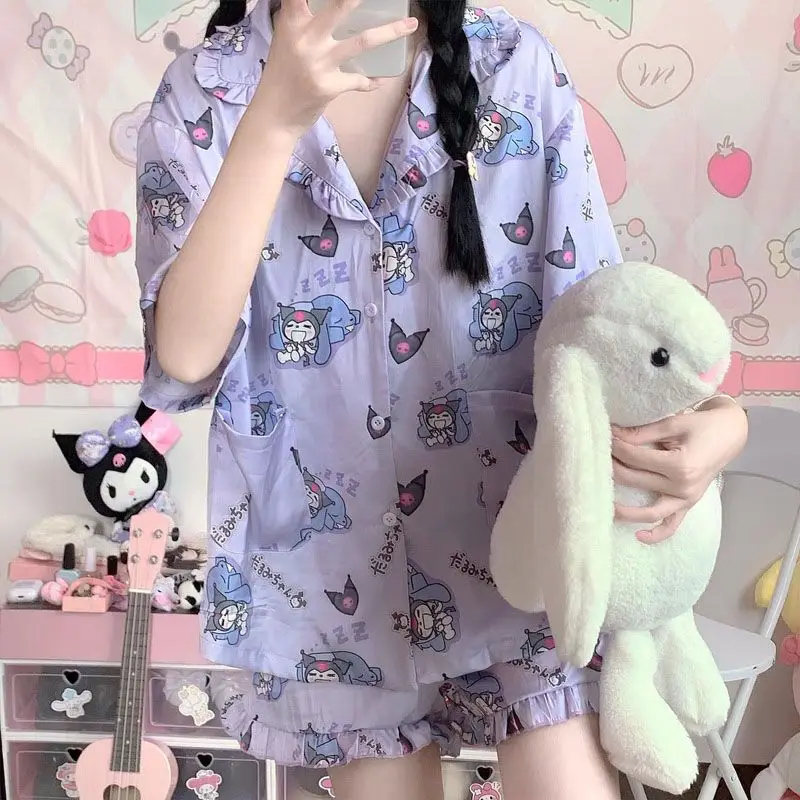 Hello Kitty Sanrio Anime Kawaii Ins Fashion Shirt Pants Pajamas Female Cute Kuromi Students Home Wear Clothes Gifts for Kids