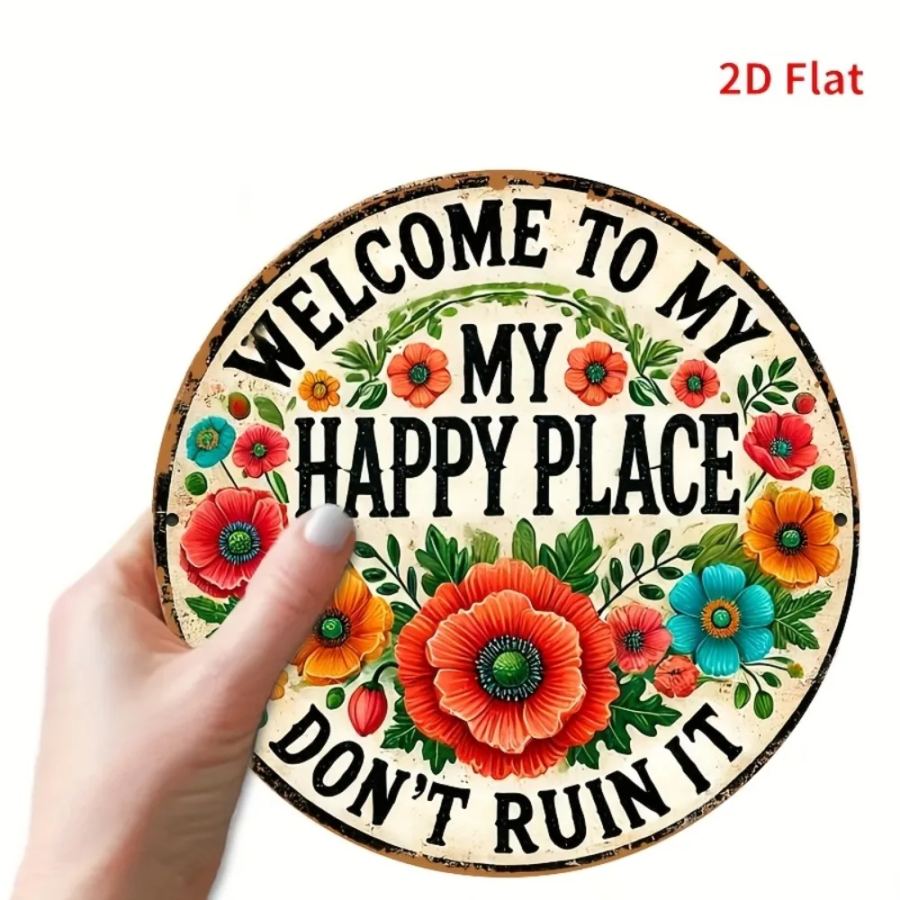 ديكور الغرفة "مرحبًا بكم في مكان سعيد" لافتة فنية جدارية حديدية مقاومة للماء، ديكور منزلي معدني بتصميم زهور للمقهى وغرفة النوم #4