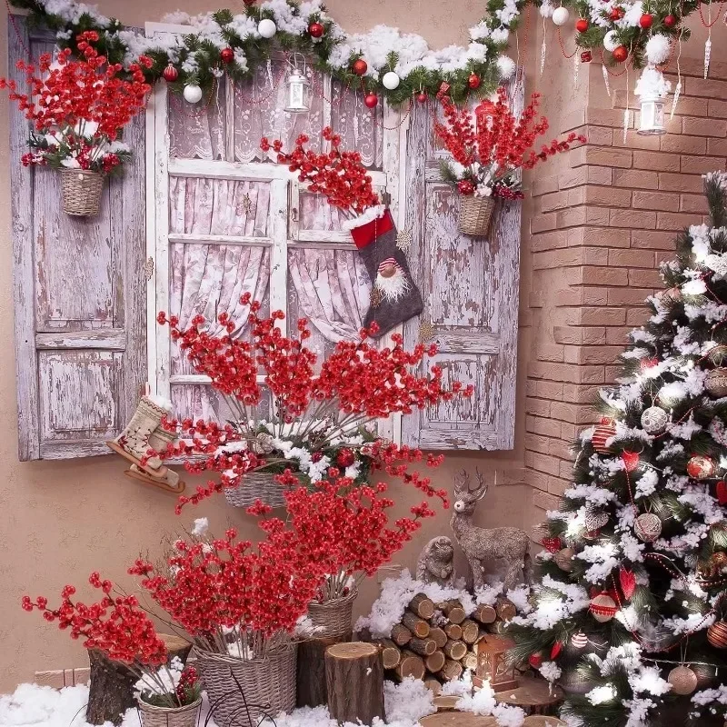 جذع التوت الاصطناعي لعيد الميلاد ، التوت الأحمر هولي ، نبات زهور وهمية لشجرة عيد الميلاد ، حفلة العام الجديد ، زخرفة ديكور المنزل ، 60 1 فرع