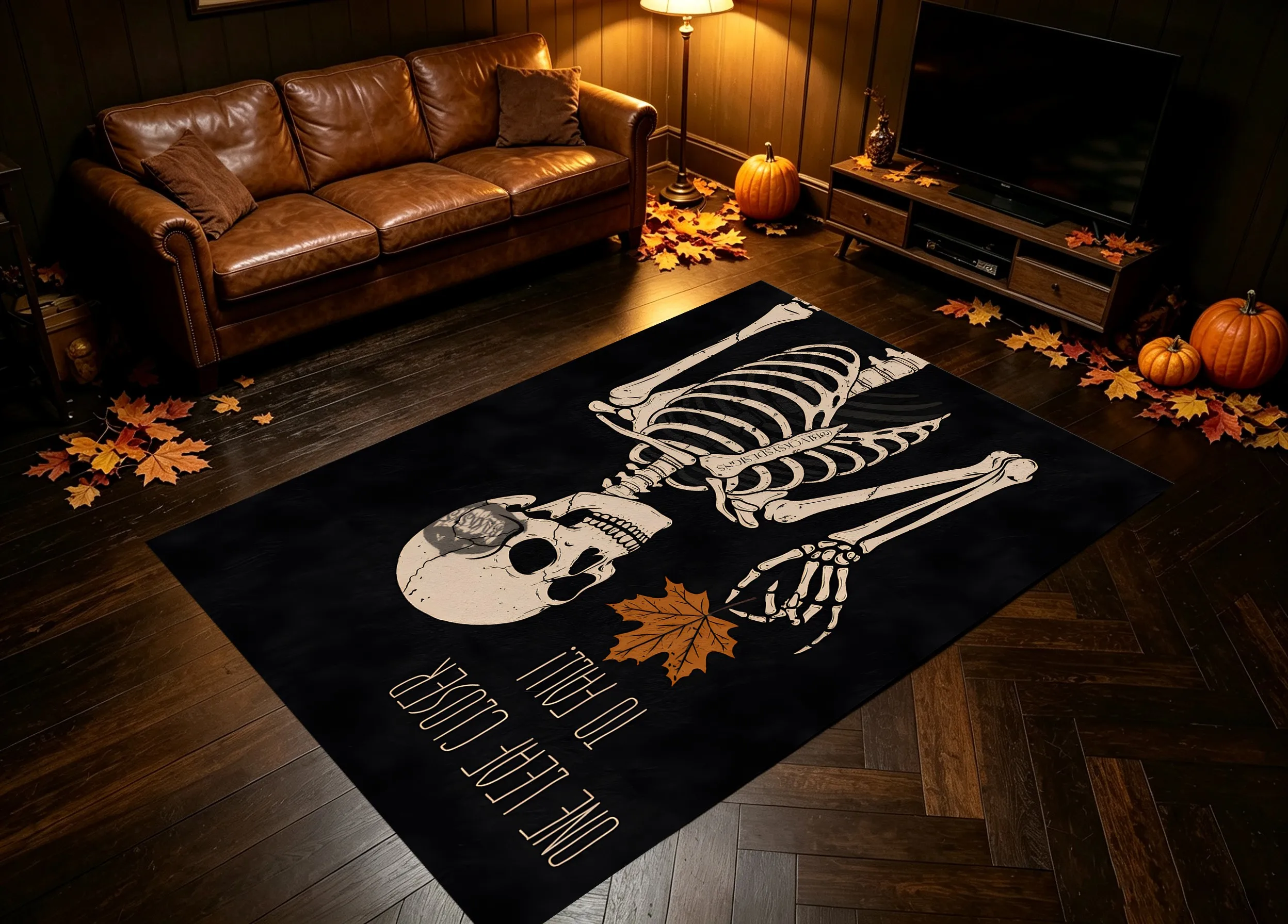 Velvet Rug Quirky Dark Reclining Skull Maple Leaf to Fall Slogan for Entryway Bedroom Home Decor