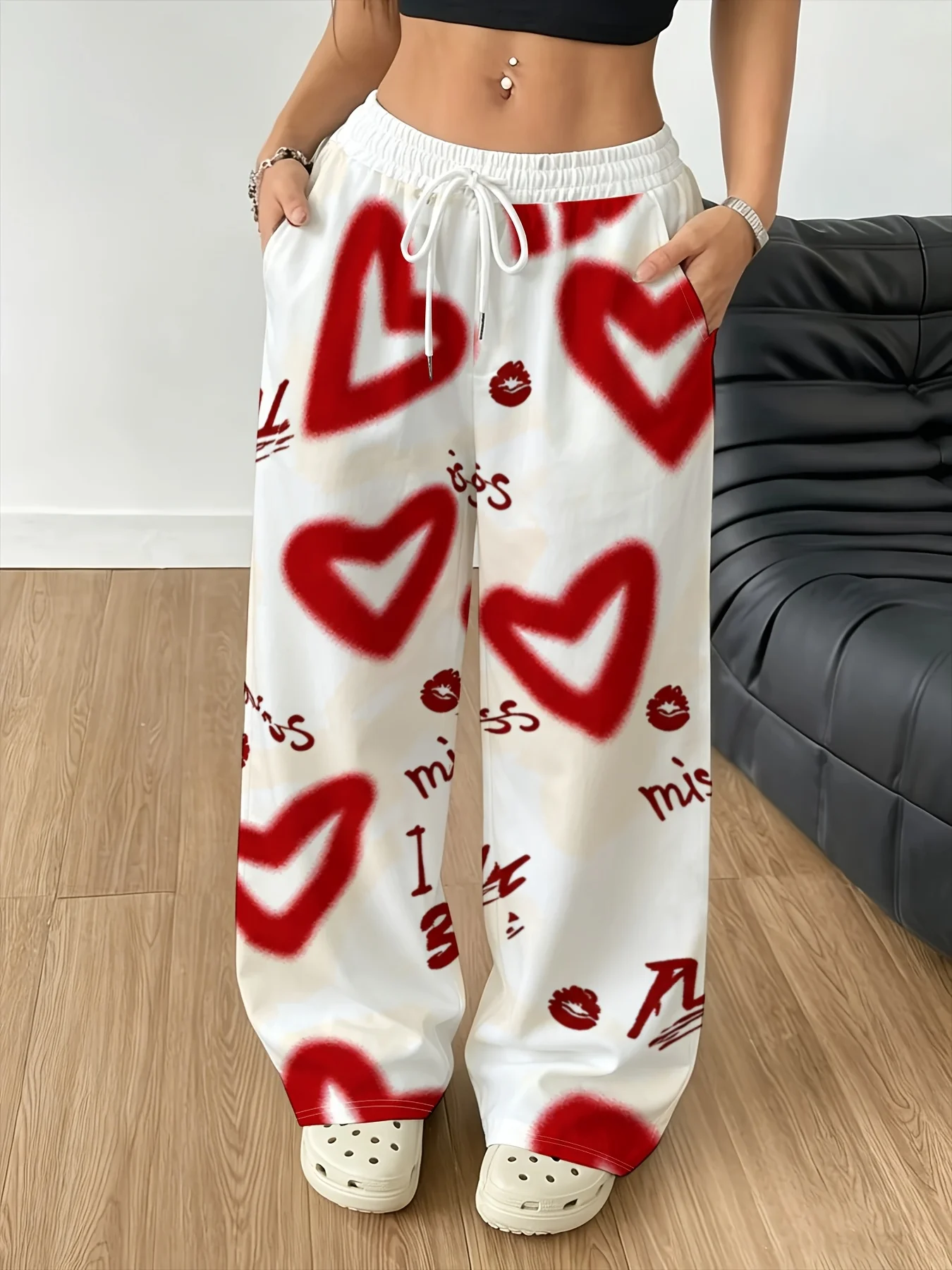 Unisex Quick Dry Straight Leg Pants Women Men Heart Print Casual Trousers Loose Outdoor Sports Wide Leg Sweatpants Alternative
