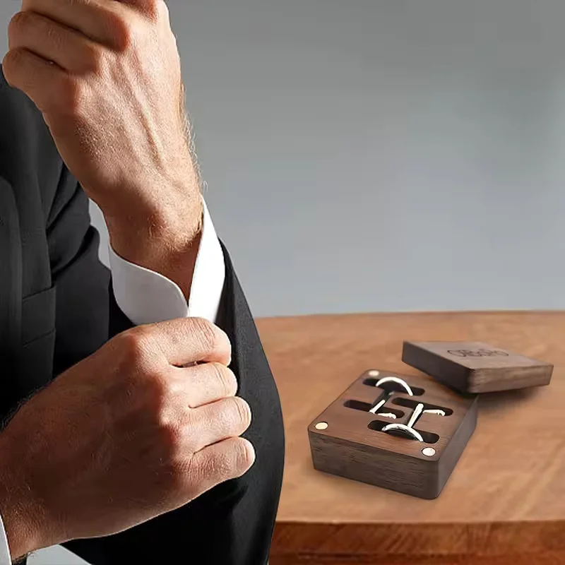 Solid Wood Magnetic Closure Storage Walnut Cufflink Box Case for Men Small Jewelry Organizer for Rings Necklace Gift Box for Men