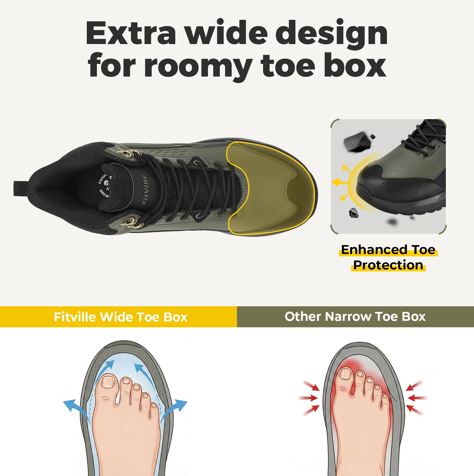 FitVille Mens Boots Orthopedic Walking Hiking Shoes Water-Resistant Slip-Resistant Trekking Boots Removable Arch Support Insole