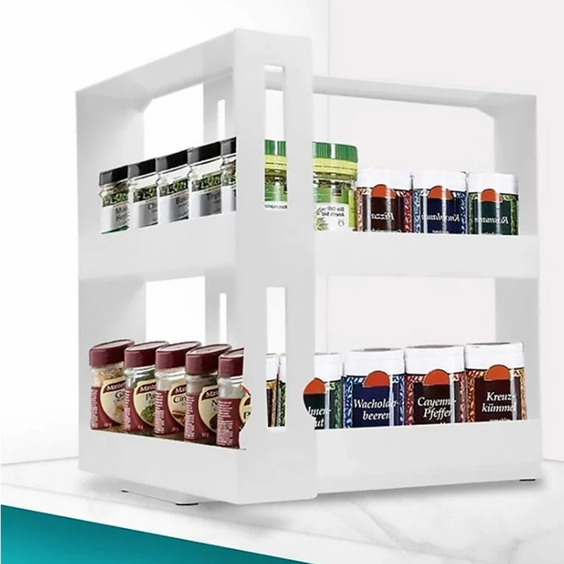 

Multi-Function 2 Tier Rotate Spice Storage Rack Seasoning Swivel Storge Organizer Shelf Kitchen Bathroom Creative Household Item