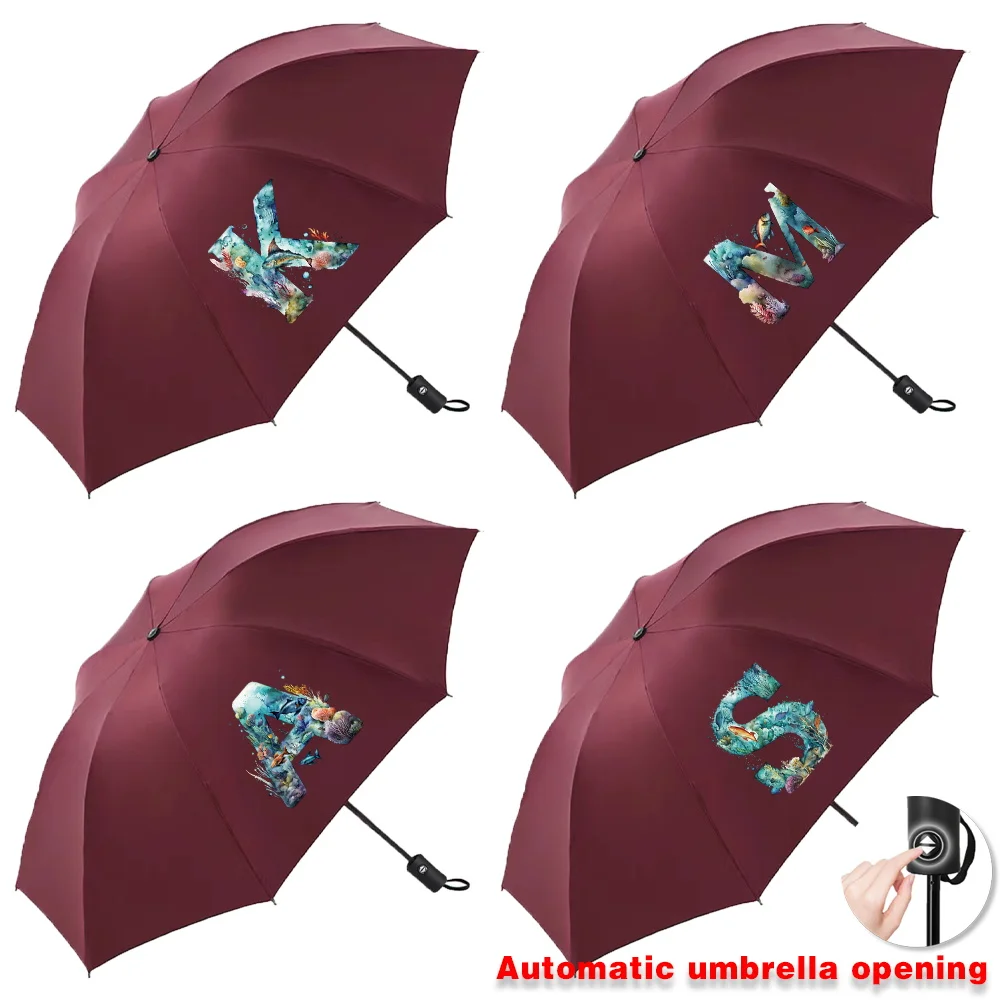 UV Fully Automatic Sun Rain Umbrellas Collapsible Protection Windproof Compact Daily Travel Essentials Fish Letter Printed