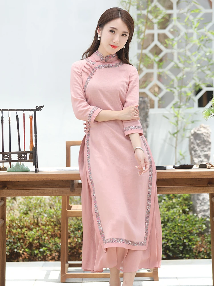 

Young Women's High-End QiPao Dr Pink Cotton Linen Retro Improved Version Long Sve High Slit Daily Wear Ele Sle