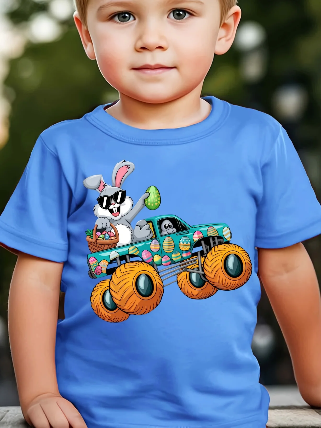 Easter Truck Sunglasses Rabbit Print Children's T-shirt Fashion Trend Casual Versatile T-shirt Parent-child T-shirt