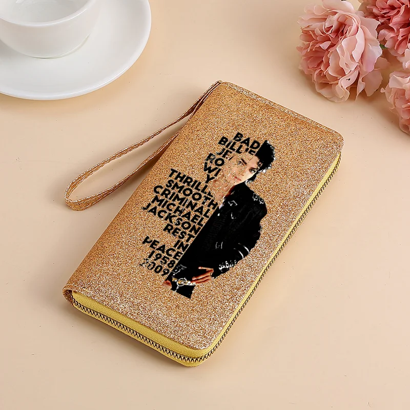 Vintage Michael Jackson Grafik-Pailletten-Geldbörse Modische Casual Lange Clutch-Tasche Glänzende Abendtasche Geburtstagsgeschenk Handtaschen