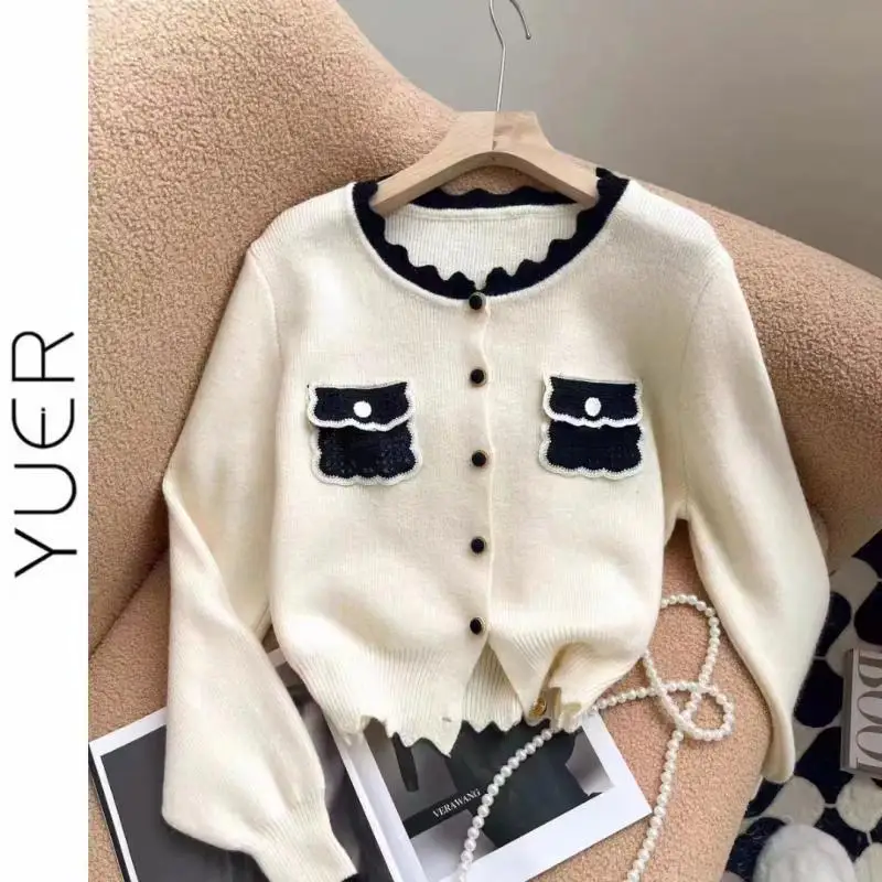 Women Stylish Contrast Color Luxury Chic Button Knitted Cardigan Autumn Winter Y2K Sweet Cute Long Sleeve Soft Outerwear Sweater