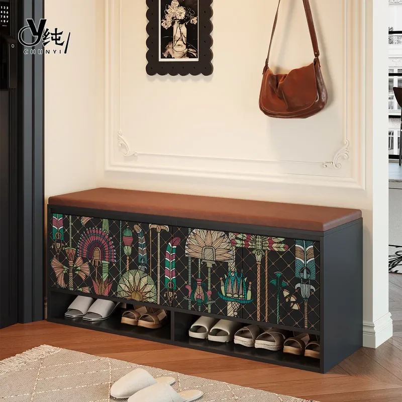 Retro Solid Wood Shoe Changing Stool Ash Wood Entryway Bench with Storage Small Apartment Doorway Sitting Shoe Cabinet