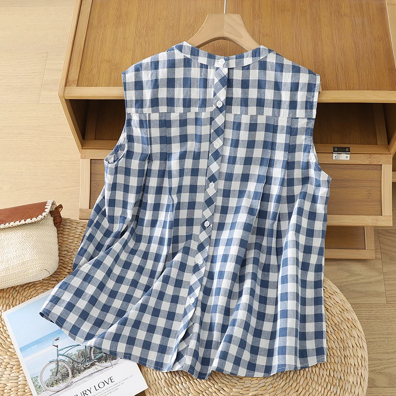 

Женская рубашка больших размеров, весенне-летняя новинка, клетчатый жилет без рукавов, тонкая немнущаяся верхняя одежда в художественном стиле