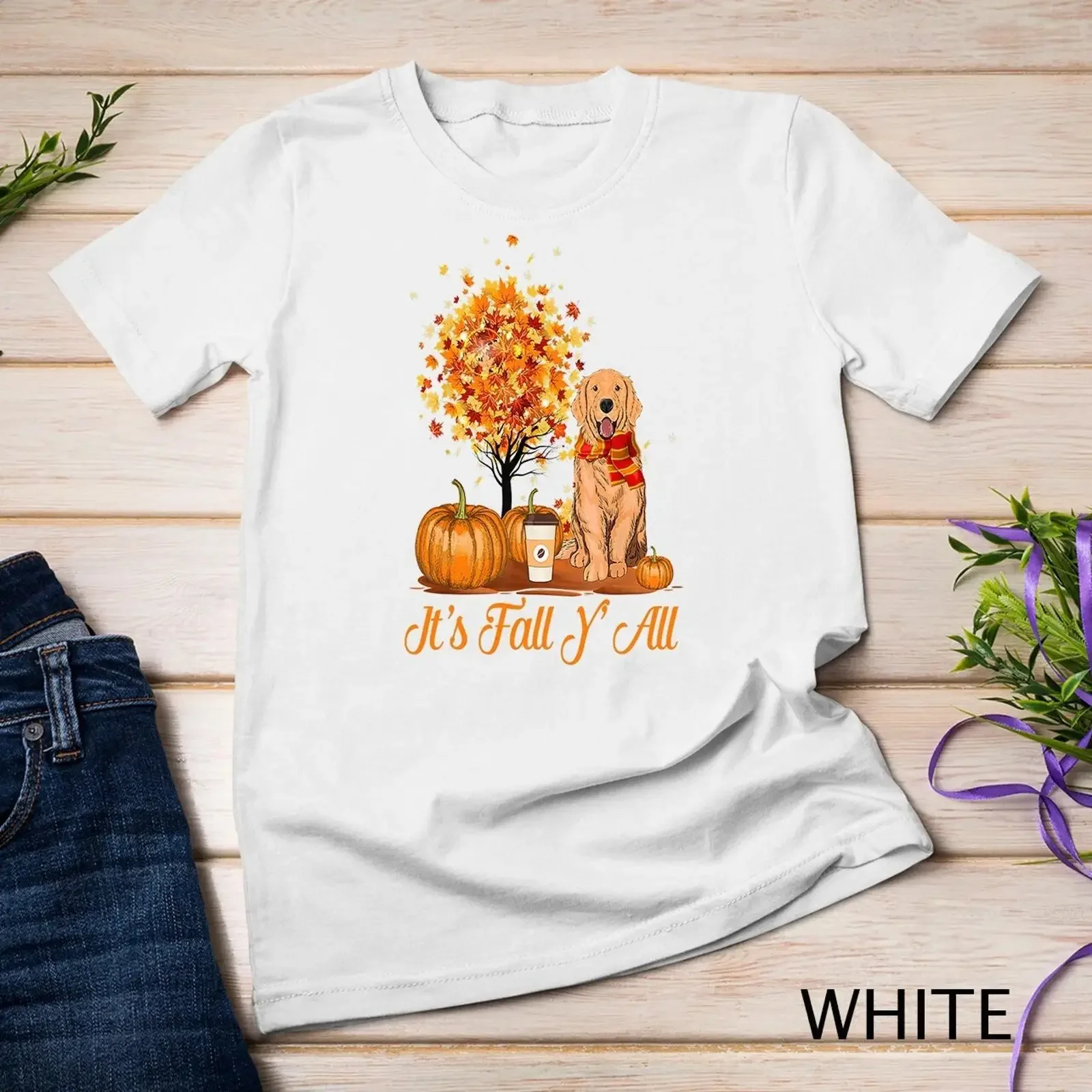 It's Fall Y'All Golden Retrievers Dog Halloween Thanksgiving T Shirt vintage Washed Stylish Slightly Casual fashion Breathable