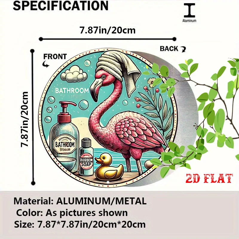 2D Flat Sign Featuring a Humorous Flamingo Design Perfect for Bath Time Decor.This Round Wall Art Includes a Duck And a Flamingo