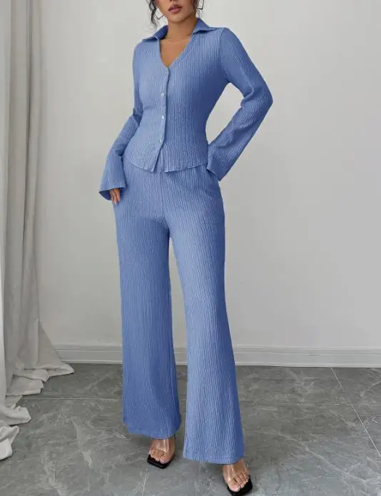 2025 Autunno/Inverno nuova moda donna elegante camicia con bottoni pantaloni a gamba larga set abbigliamento da donna