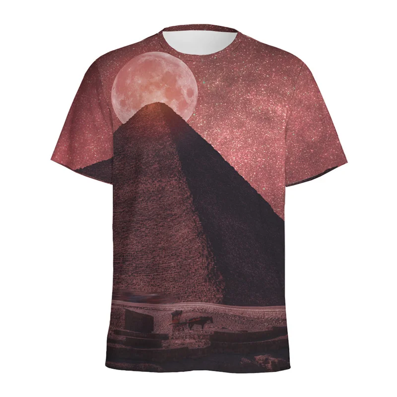 Geometric Pyramid 3D Printed T-shirt Men Ancient Architecture Graphic Tshirt Round Neck Short Sleeves Women Oversized Tee Shirt