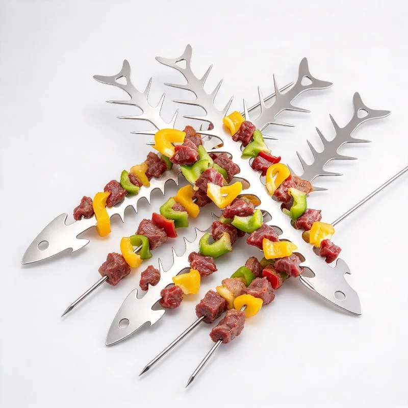 Outdoor BBQ Stainless Steel Fish Bone Skewer Holder DIY Barbecue Grill Rack Portable Meat Roasting Tool for Camping Cooking