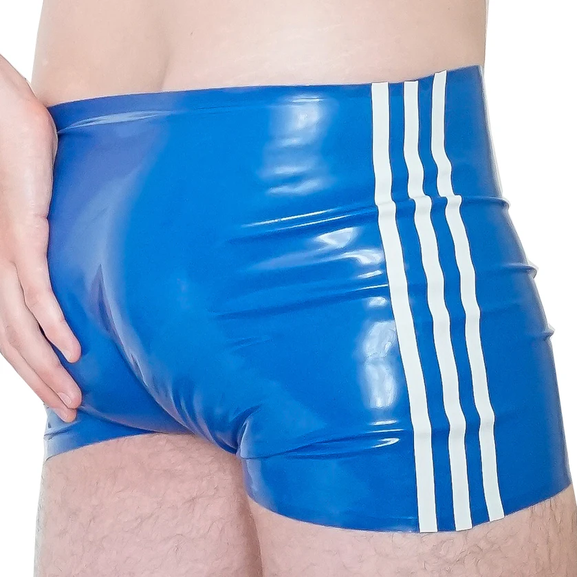 Sexy Natural Latex Men Boxer Rubber Shorts Blue and White Side Strips Pants Plus Size XXXL  Handmade Costumes Underpants RPM136