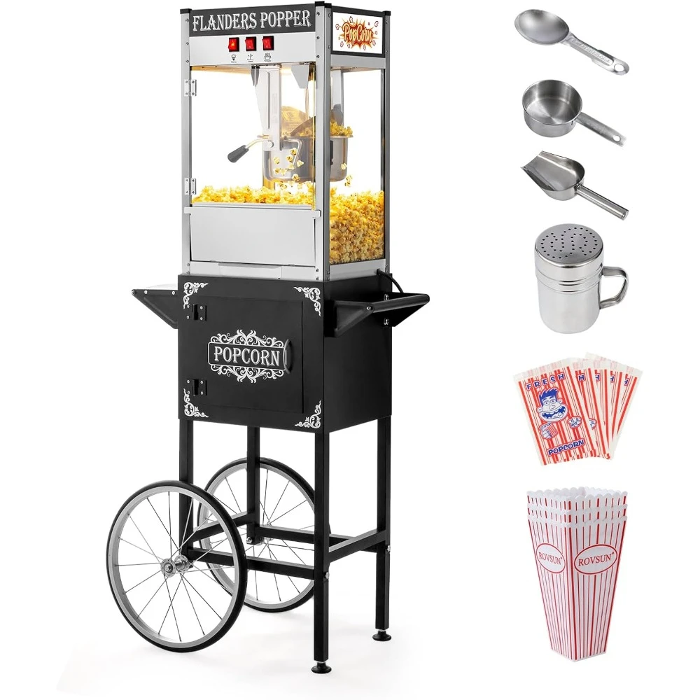 Popcorn Machine with Cart, Wheels  10 Oz Kettle Makes Up to 4 Gallons,Bags & 3 Popcorn Cups for Home Movie Theater, Black