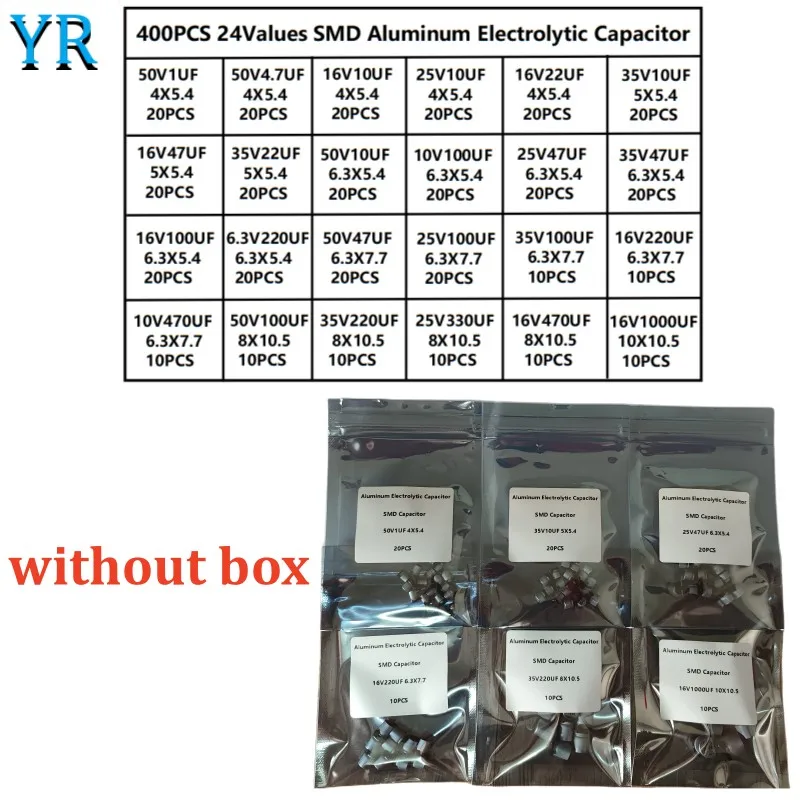 24Value 400PCS SMD Aluminum Electrolytic Capacitors Assortment Kit SMD 1uF-1000uF 6.3V-50V