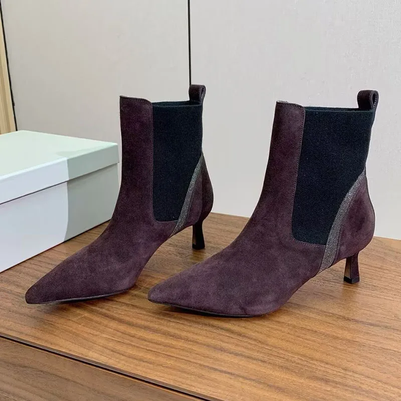 Autumn Winter Retro Pointed Toe High Heels Short Boots Women Suede String Bead Ankle Boots Thin Heels Elastic Chelsea Botas