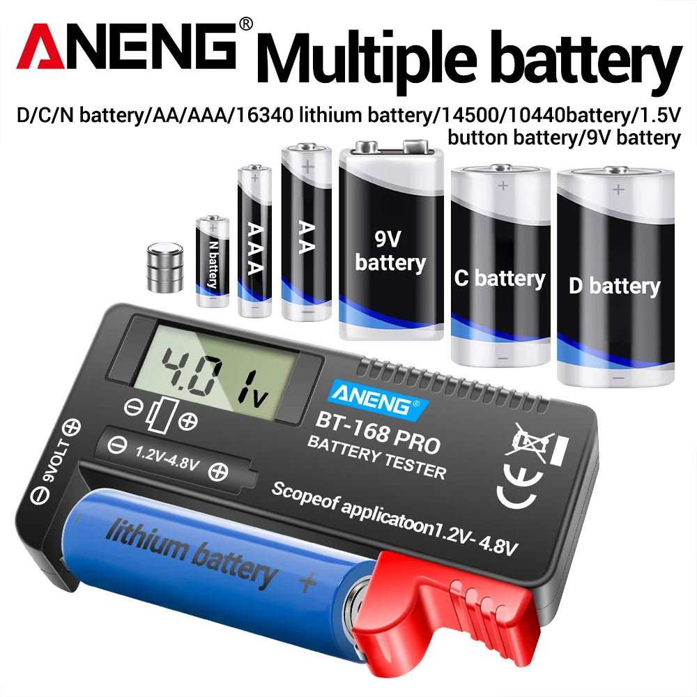 Universal Digital Battery Tester 9V/AAA/AA Button Cell Lithium Capacity Checkered Load Analyzer Battery Tester ANENG BT-168 PRO