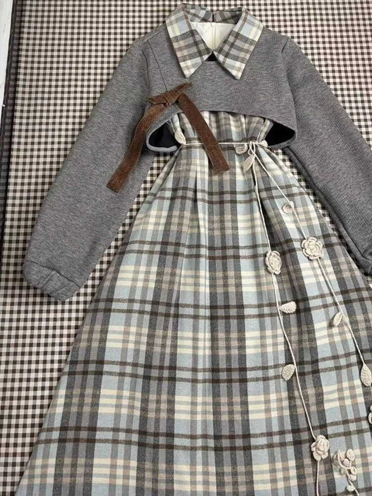 French Vintage Elegant 2 Piece Set Women Y2k Plaid Design Dress + Long Sleeve Tops Harajuku Casual Retro Korean Popular Clothes image 2