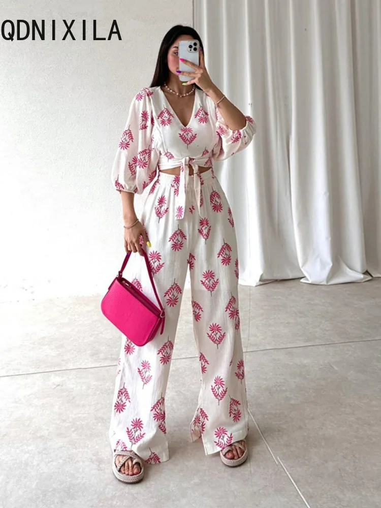 Imagem -05 - Conjunto de Calças e Top Estampado de Manga Folhada Feminino Roupas Casuais com Decote em v Roupas para Primavera e Verão Nova Moda Peças