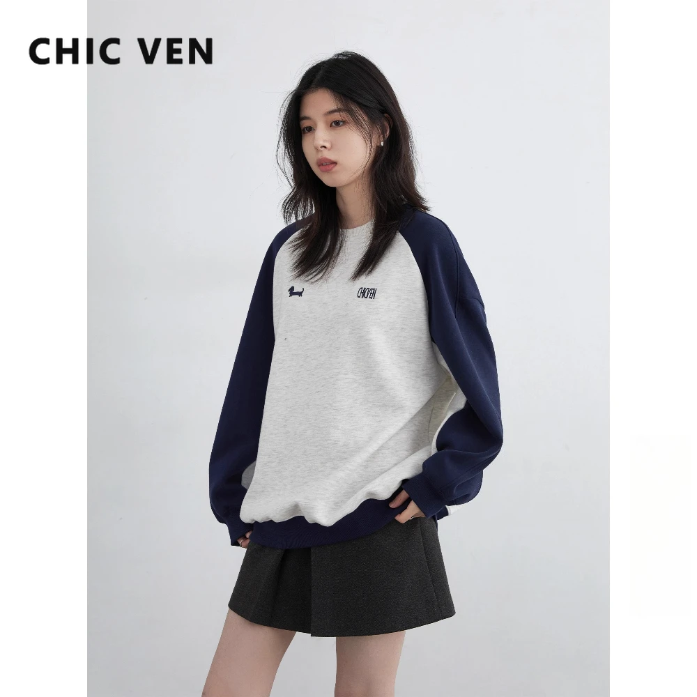

CHICVEN женский флисовый свитшот свободный повседневный с длинными рукавами и круглым вырезом контрастного цвета с вышивкой букв женские топы осень-зима 2025