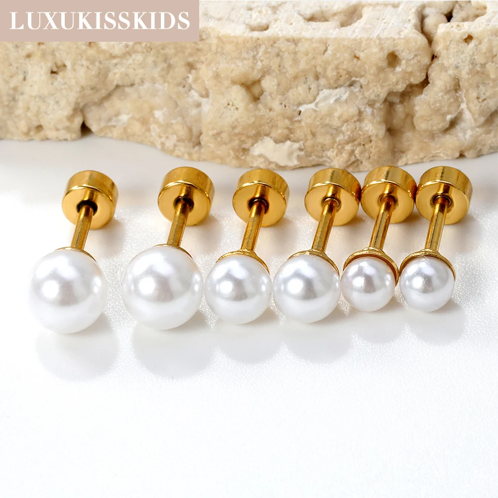 LUXUKISSKIDS Fake Pearl Pendant Earrings Stainless Steel Luxury Stud Earings Woman/Men White/Black Pearl Ear Piercing Wholesale