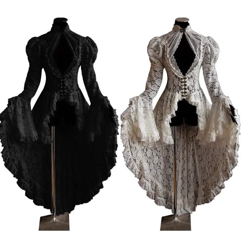 Vintage Medieval Renaissance Court dress Cosplay Costumes Halloween Women Gothic Lace Stand Collar Dress Cape Sreampunk Vestido