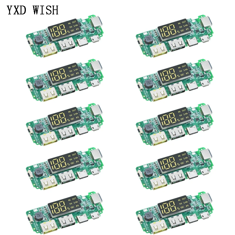 10pcs LED Dual USB 5V 2.4A Micro/Type-C USB Charger Mobile Power Bank 18650 Charging Module Lithium Battery Charger Board