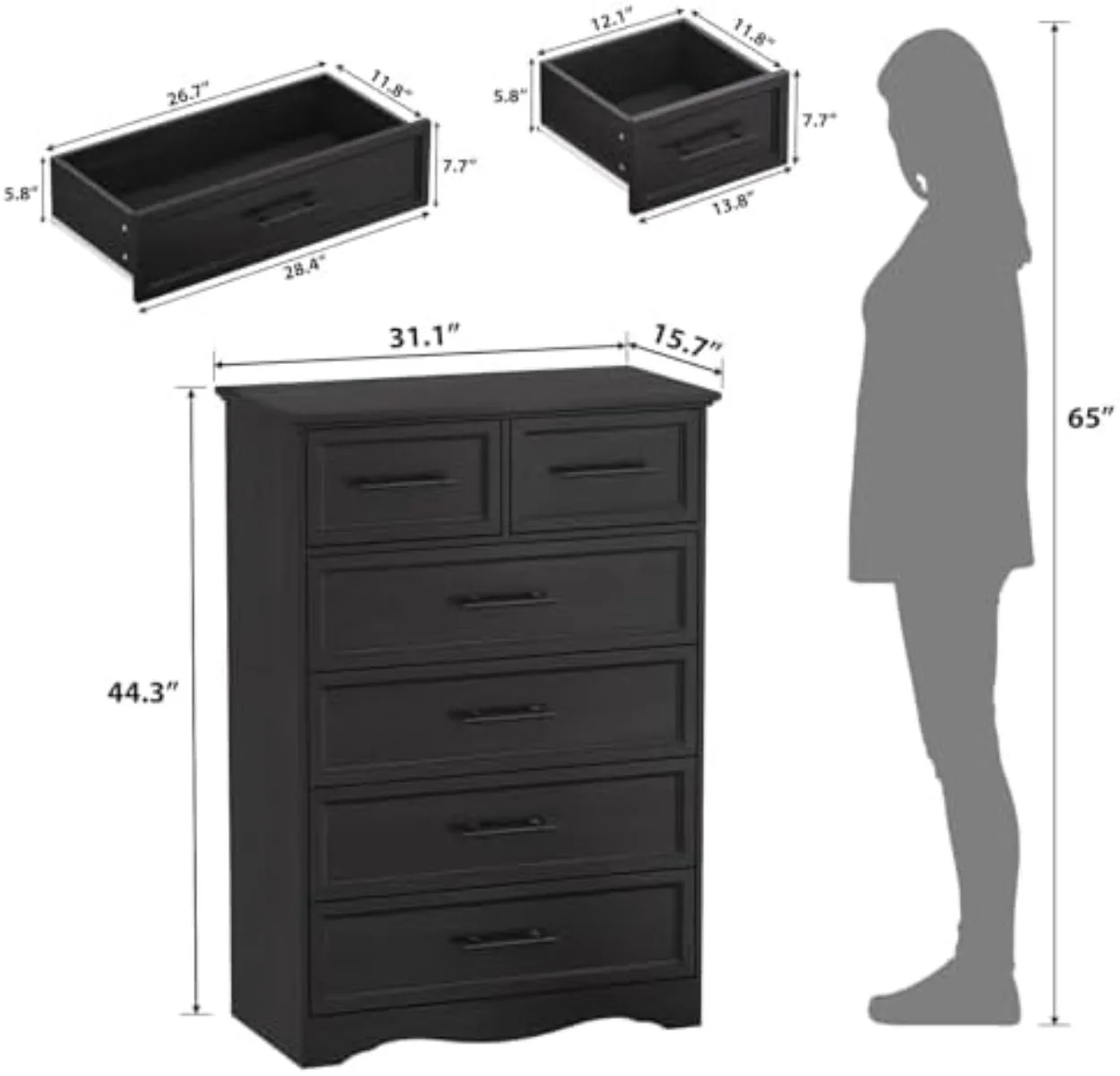 Black Farmhouse Dresser for Bedroom, Modern 6 Chest of Drawers, 44" Tall Chest of Drawers w/Brushed Metal Handle, Wood - view 3