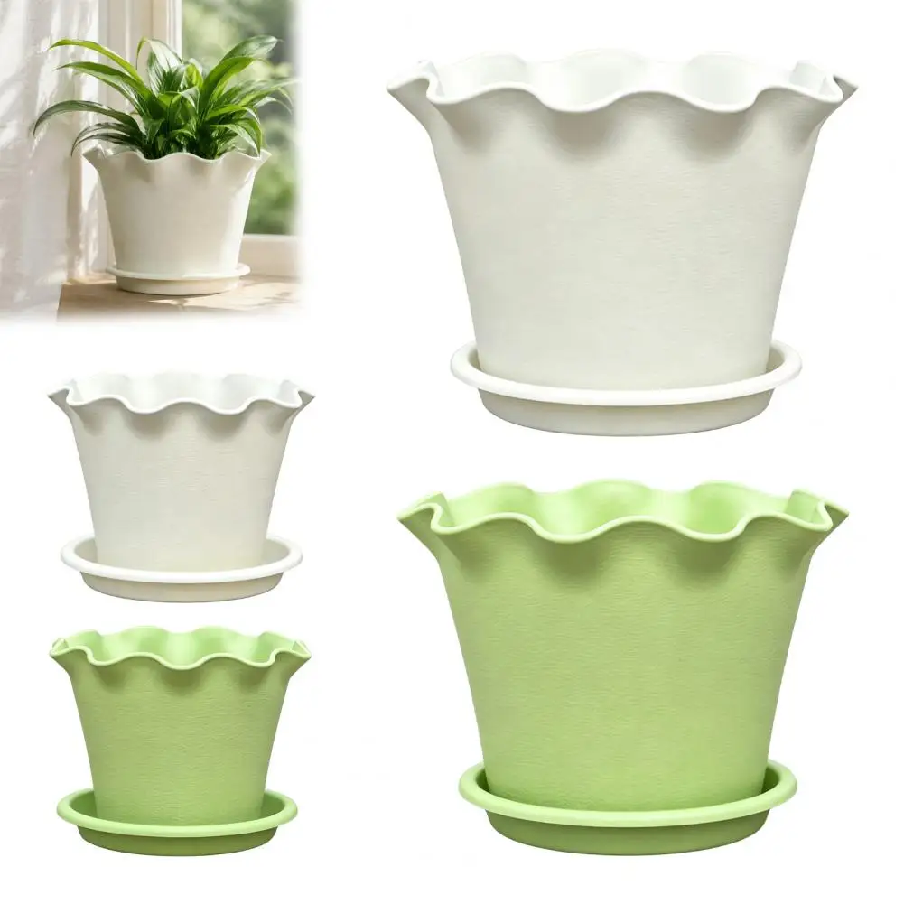 Breathable Plastic Planter Thickened Pp Resin Pot Wavy Edge Planter with Saucer Thickened Flower Pot with Drainage Holes Modern