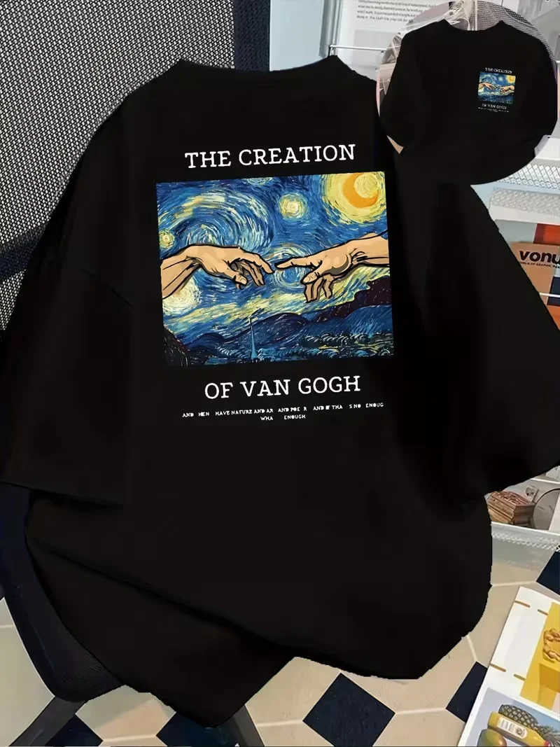 Van Gogh Starry Sky Oil Painting Tops Cute Print Men and Women Same Sleeve T-shirt Summer Street Loose Round Neck Short Sleeve