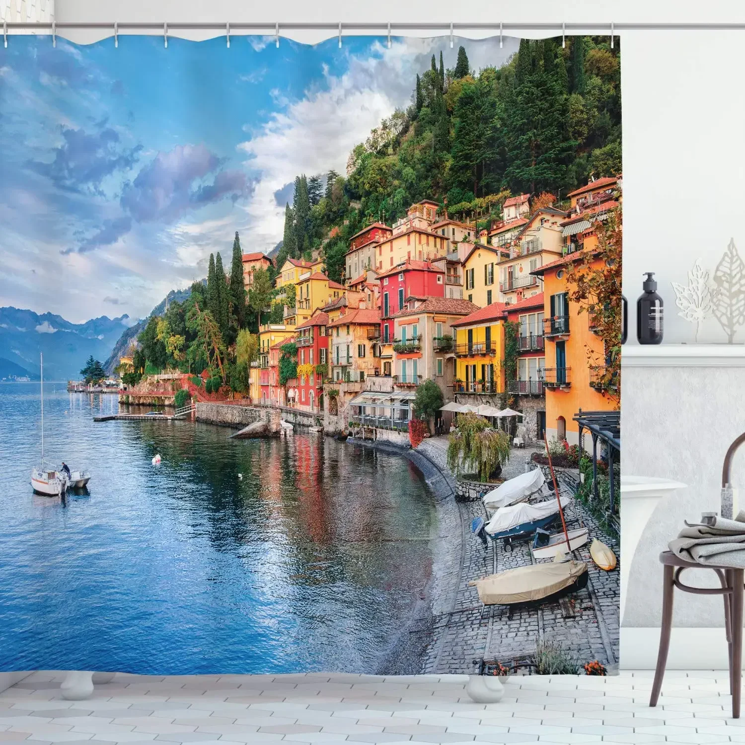 Italian Idyllic Town Shower Curtain The Mediterranean Sea Village Shower Curtain Bathroom Decor Waterproof Fabric Bathtub Screen