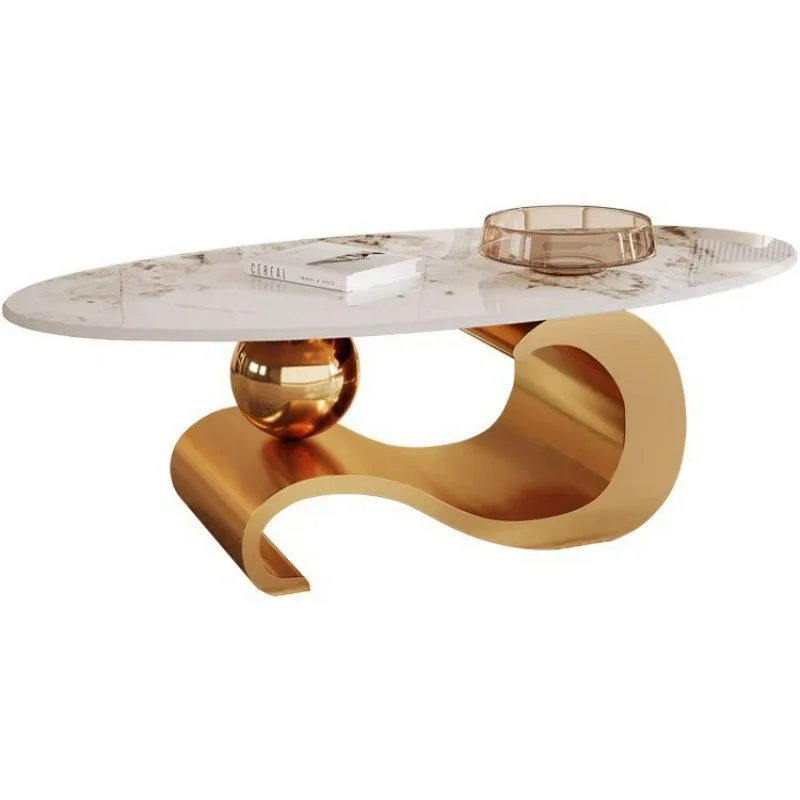 

Light luxury small apartment gold stainless steel rock slab surface coffee table high-end hotel living room coffee table