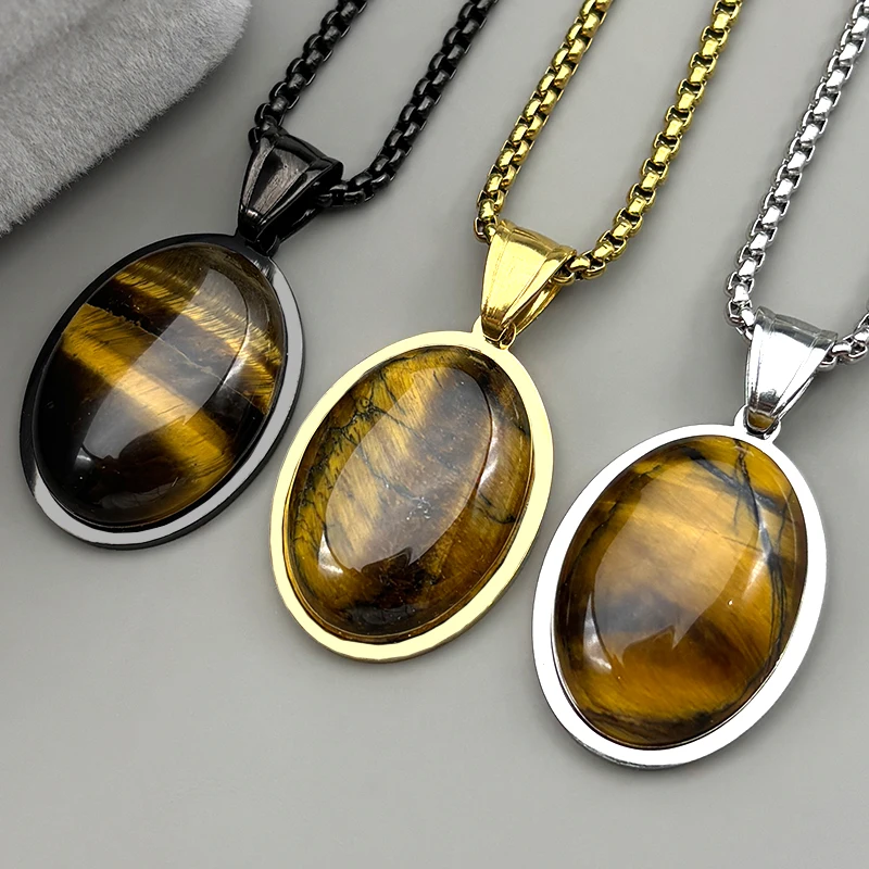 Tiger Eye Stone Oval Shape Chain Women Girls Stainless Steel 2025 Trend Female Embedded Natural Stone Simple Elegance Jewelry