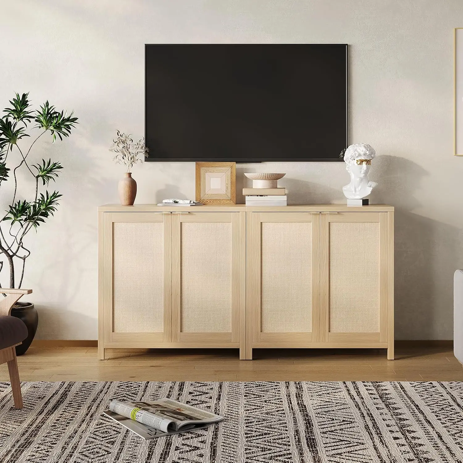 Garvee Cabinet Storage with Rattan Doors, Sideboard ,2 Adjustable Shelves, Particle Board Living Room Cabinets Glamour Modern Home Entryway Furniture