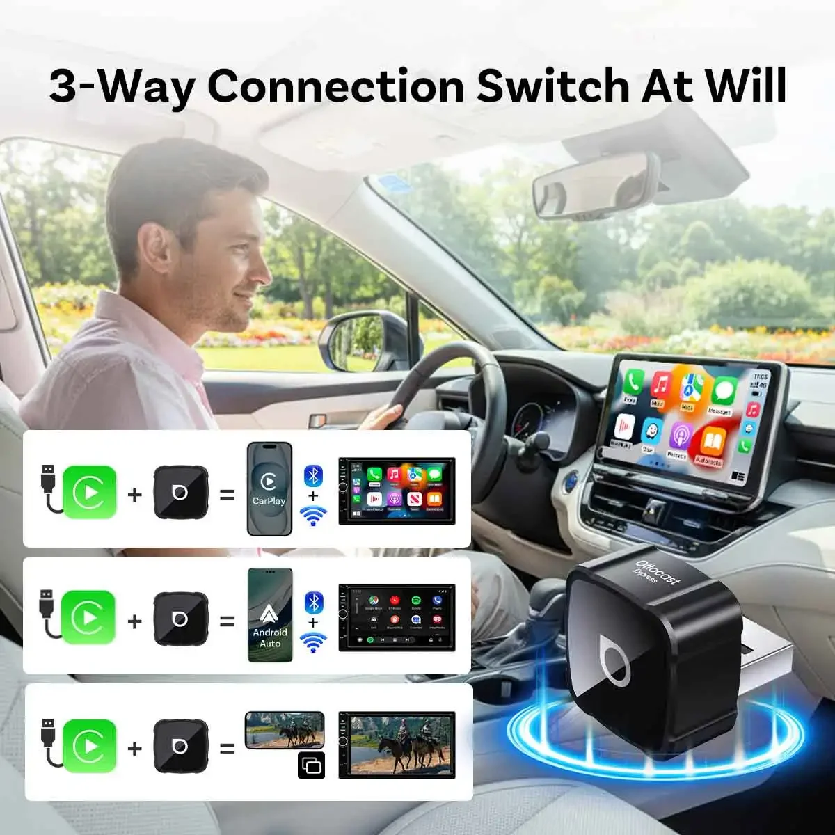 OTTOCAST 2026 3 in 1 Mini Air Wireless Android Auto CarPlay AirPlay Mirroring Express Car Accessories for OEM Wired CarPlay Cars