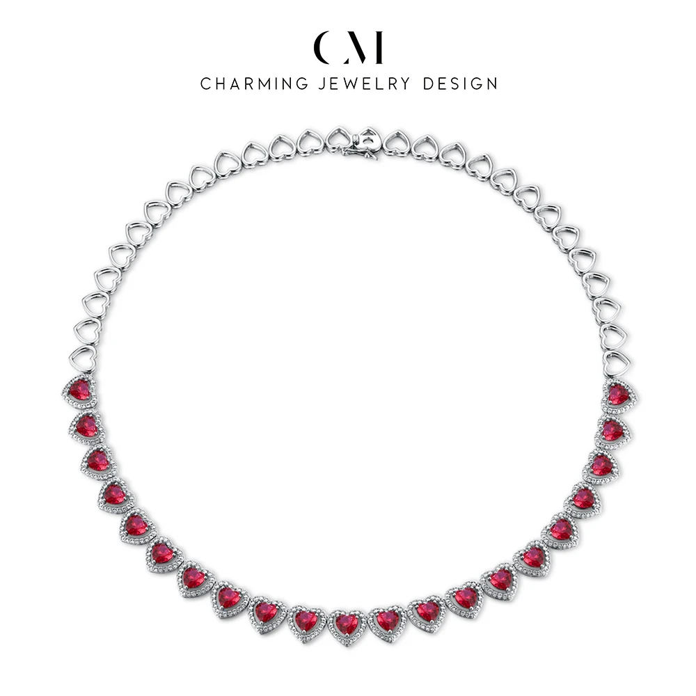 CHARMING New Heart Cut Moissanite Lab Ruby Sapphire Necklace 925 Sterling Silver for Women Gift Jewelry Dinner Party Anniversary