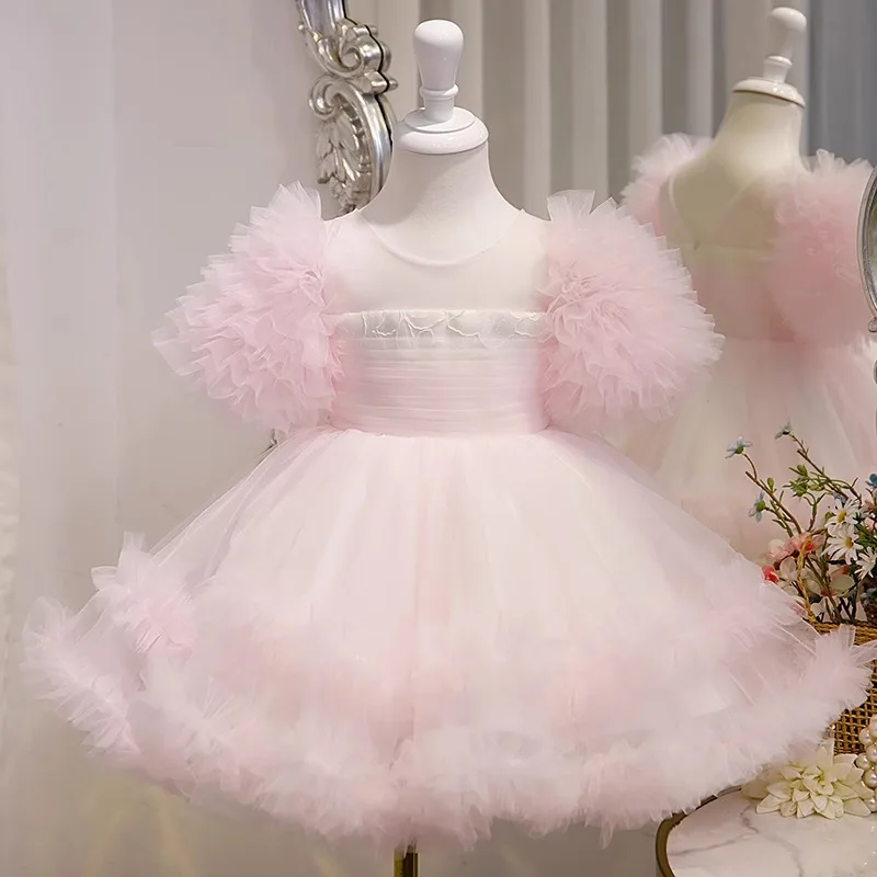 Kids Princess Dress for Birthday Party Pink Tulle Party Dress Girls' Host Performance Gown Piano Recital Costume for Eid Clothes