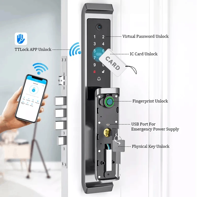 New Moblie TTLock APP Biometric Fingerprint RFID Card Password Key Smart Door Lock Electronic Door Fingerprint Lock With Camera