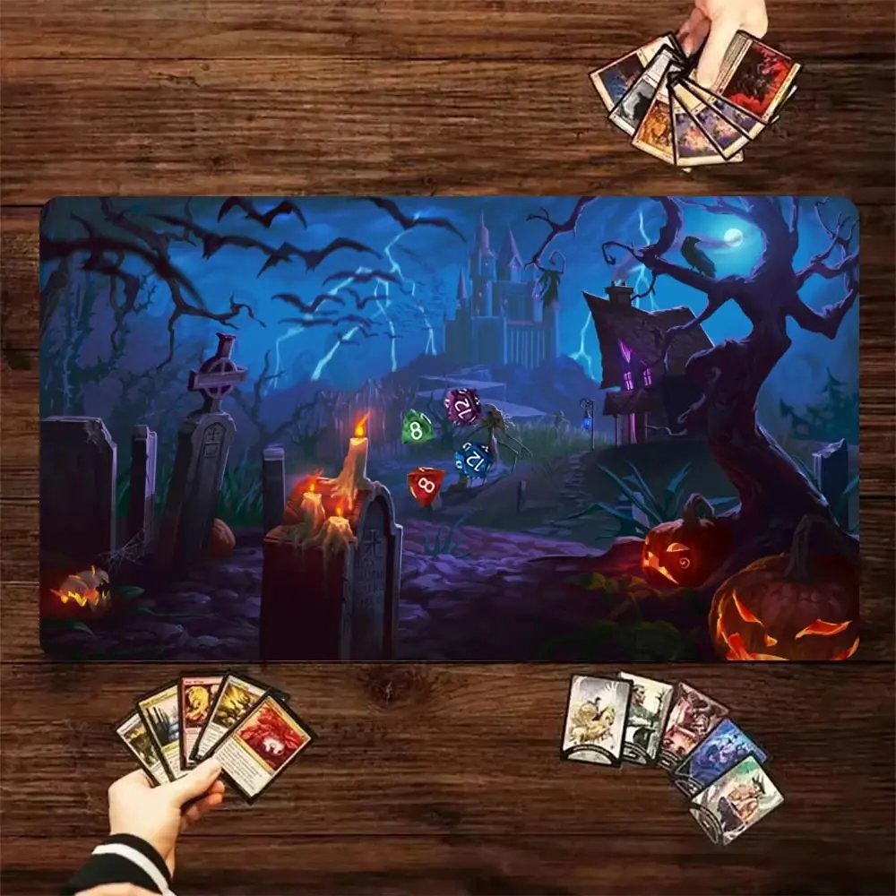 Durable Playmat Spooky Halloween Graveyard Haunted Castle Scene Large Game Mouse Pad, Non-Slip Rubber Base Table Desk Mat