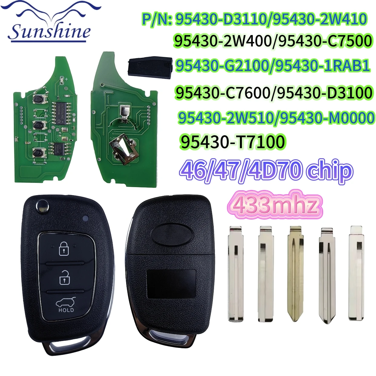 

For Hyundai i20 2015-2021 Car Key 433MHZ ID46/47/70chip 95430-D3100/2W410/2W400/C7500/G2100/1RAB1/C7600/D3100/2W510/M0000/T7100