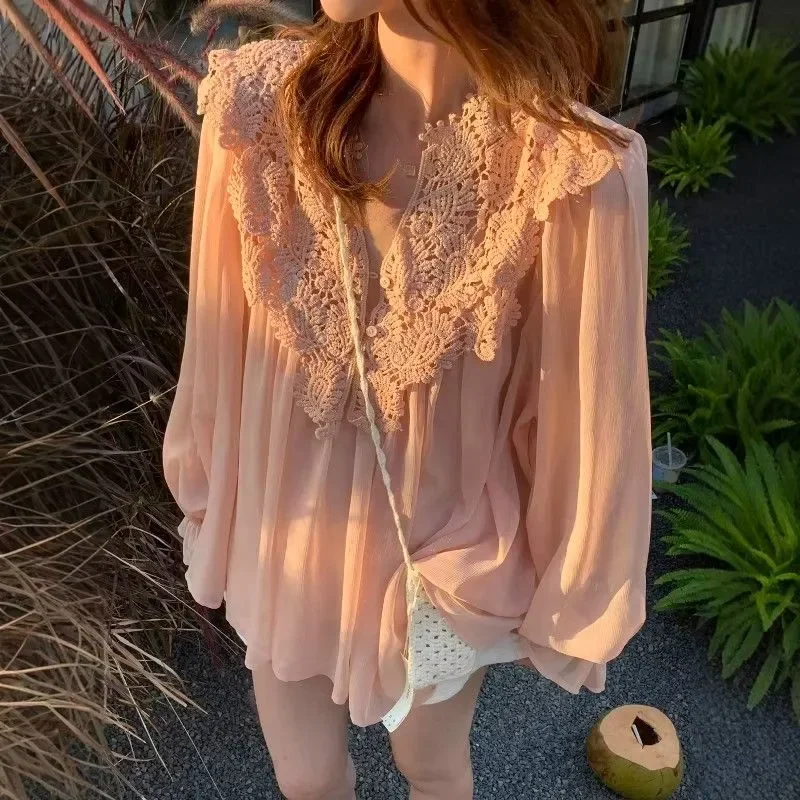 Women Clothing Summer Casual Korean Fashion Lacing Drawstring Solid Color Sling Female Appear Thin Chiffon Two-piece Set Cardiga