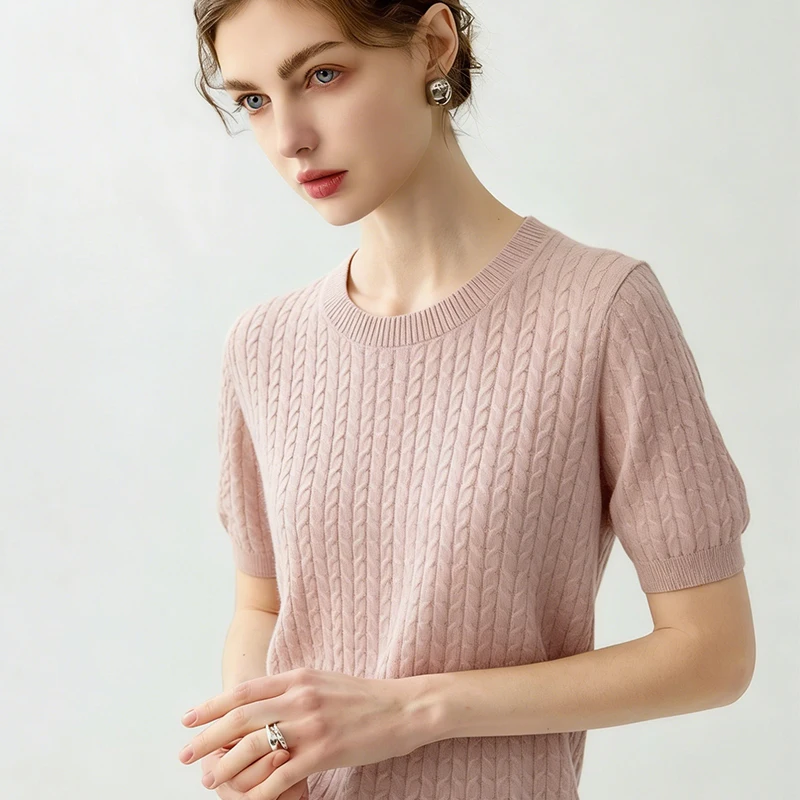 Summer Women's Cashmere T-shirt Casual Solid Round Neck Tees Fashion Fit Tops Fashion Gold and Silver Fried Dough Twists Blouse